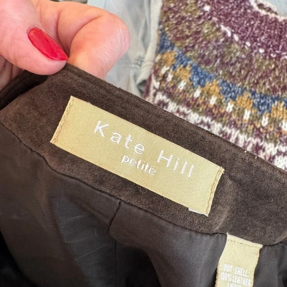 Vintage Kate Hill‎ Suede Skirt 8P Petite 100% Leather Classic Brown Timeless